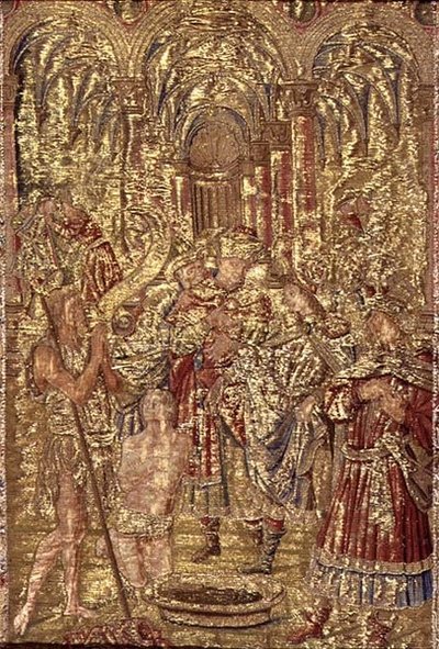 Johannes der Täufer kündigt den Pharisäern die Mission Christi an, Wandteppich mit Szenen aus dem Leben des Heiligen von Antonio Pollaiuolo