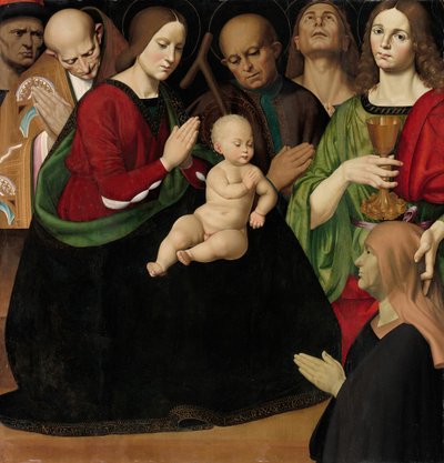 Die Heilige Familie mit vier Heiligen und einer weiblichen Stifterin, ca. 1510 von Antonio Rimpacta