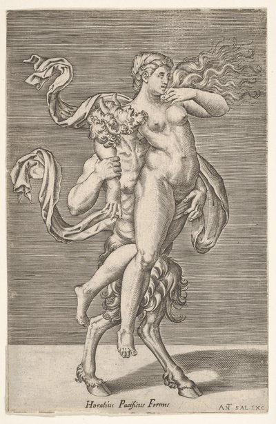 Satyr trägt eine Nymphe, deren rechter Arm um den Hals des Satyrs gewickelt ist, mit einem ..., ca. 1505-1562 von Antonio Salamanca