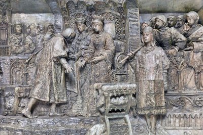 Kolumbus und die katholischen Könige, Detail der Präsentation von Kolumbus an die katholischen Könige im Salon del Tinell in Barcelona (Bronze) von Antonio Susillo Fernandez