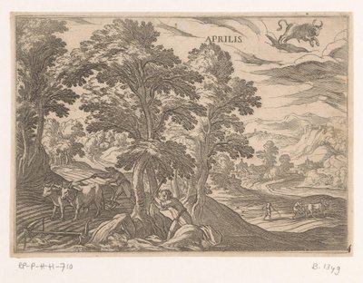 April: Pflügen und Säen (Stier) von Antonio Tempesta