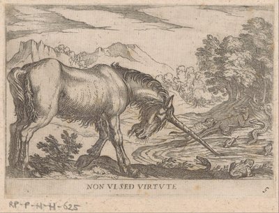 Ein Einhorn vertreibt Eidechsen aus einem Teich von Antonio Tempesta