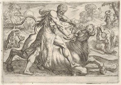 Herkules und Achelous: in der Mitte greift Herkules die Hörner eines Stiers, während er seine rechte Hand drückt..., 1608 von Antonio Tempesta