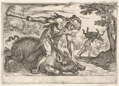 Herkules und der Erymanthische Eber: Herkules hält die Schnauze des Ebers mit seiner linken Hand nieder (1608) von Antonio Tempesta