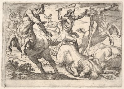 Herkules und die Kentauren: Herkules hält den Kopf eines Kentauren mit seiner linken Hand und erhebt..., 1608 von Antonio Tempesta