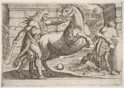 Herkules und die Pferde des Diomedes: Herkules ergreift die Zügel eines steigenden Pferdes, ein zweites..., 1608 von Antonio Tempesta