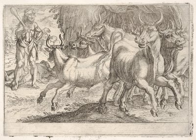 Herkules und die Rinder des Geryones: mit einem erhobenen Keule in seiner rechten Hand, Herkules konfrontiert, 1608 von Antonio Tempesta