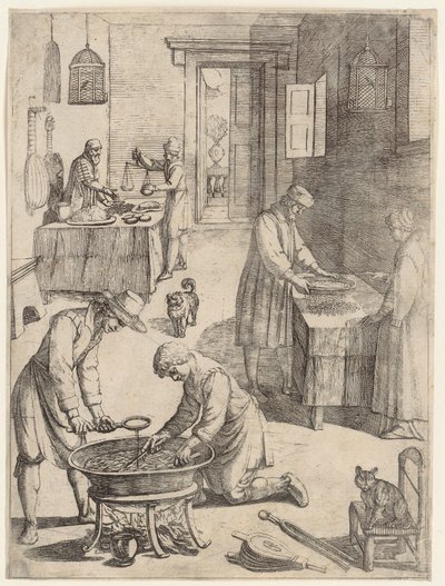 Männer und Frauen beim Wiegen, Sieben und Brühe kochen von Antonio Tempesta