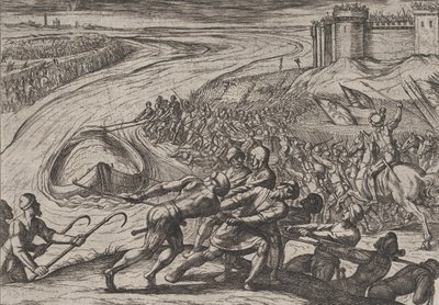 Tafel 12: Ein mit Getreide beladenes Schiff ans Ufer ziehen, aus Der Krieg der Römer gegen..., 1611 von Antonio Tempesta
