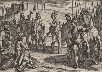 Tafel 15: Civilis verhandelt mit einem römischen Kommandanten, aus Der Krieg der Römer gegen die ..., 1611 von Antonio Tempesta
