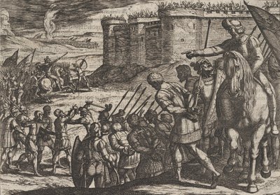 Tafel 16: Römische Gefangene vor der alten Festung, aus Der Krieg der Römer gegen die B..., 1611 von Antonio Tempesta