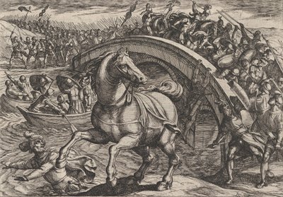 Civilis gezwungen abzusteigen und den Fluss zu durchschwimmen, aus Der Krieg der Römer, 1611 von Antonio Tempesta