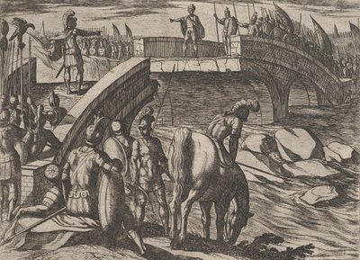 Tafel 36: Civilis und Cerialis treffen sich auf einer zerstörten Brücke, um eine Einigung zu erzielen, aus Der Krieg der..., 1611 von Antonio Tempesta