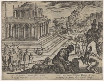 Platte 5: Grabmal des Mausolos, Steinmetze fertigen rechts eine Säule an, aus Die sieben Wunder..., 1608 von Antonio Tempesta