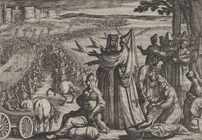 Tafel 8: Frauen und Kinder beobachten Civilis, der gegen die Römer kämpft, aus Der Krieg der Römer..., 1611 von Antonio Tempesta