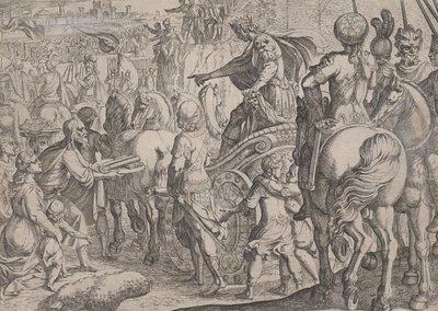 Tafel 9: Alexanders triumphaler Einzug in Babylon, aus Die Taten Alexanders des Großen, ..., 1608 von Antonio Tempesta