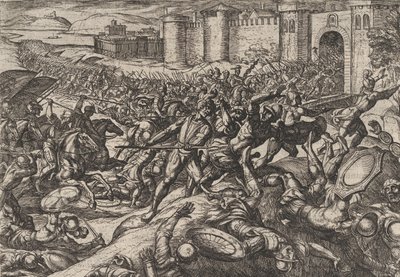 Tafel 9: Die Römer von den niederländischen Truppen bei Bonna besiegt, aus Der Krieg der Römer gegen..., 1611 von Antonio Tempesta