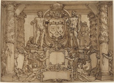 Ein architektonisches Wanddesign zu Ehren von Heinrich IV., dem gallischen Herkules von Antonio Tempesta or Agostino Ciampelli