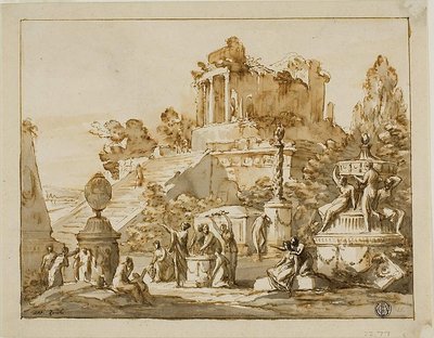 Klassische Landschaft mit Ruinentempel auf Hügel, weibliche Figuren darunter von Antonio Zucchi