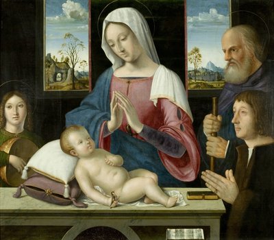 Jungfrau und Kind mit Heiligem Josef und Stifter, Mitteltafel des Withypool-Triptychons von Antonio da Solario