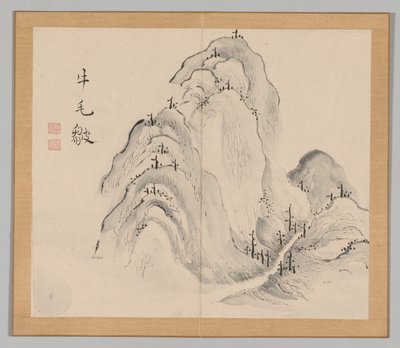 Doppelalbum mit Landschaftsstudien nach Ikeno Taiga, Band 1 Blatt 15, 18. Jahrhundert von Aoki Shukuya