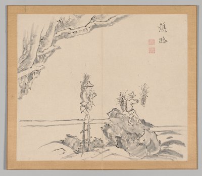 Doppelalbum mit Landschaftsstudien nach Ikeno Taiga, Band 1 Blatt 32, 18. Jahrhundert von Aoki Shukuya