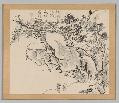 Doppelalbum mit Landschaftsstudien nach Ikeno Taiga, Band 2 Blatt 34, 18. Jahrhundert von Aoki Shukuya