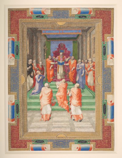 Eine päpstliche Zeremonie, Paul IV. steht vor dem päpstlichen Thron, Add. MS 35254 Q, ca. 1555-59 von Apollonio di Bonfratelli