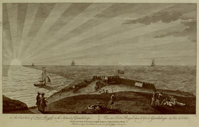 Eine Gruppe von Soldaten ruht sich auf einem Hügel im Vordergrund aus, mit Fort Royal dahinter, Segelschiffen und dem Sonnenuntergang im Meer im Hintergrund von Archibald (after) Campbell