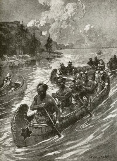Samuel De Champlain im Jahr 1608, den St.-Lorenz-Strom in den Kanus freundlicher amerikanischer Ureinwohner hinaufsteigend (Lithografie) von Archibald Bertram (after) Webb