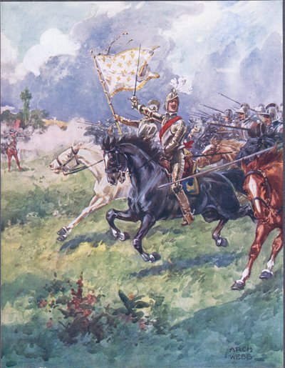 Tausend Ritter drängen dicht hinterher, Illustration aus Ballads of Famous Fights, ca. 1900 von Archibald Webb