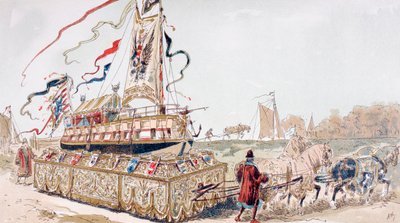 Eine königliche Barke, die im 16. Jahrhundert von Pferden auf einem Wagen zu einem Kanal gezogen wird von Armand Jean Heins