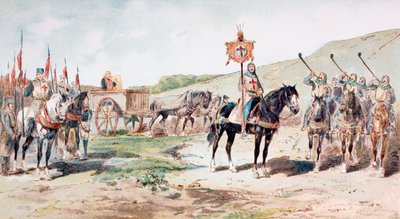 Kreuzfahrer auf dem Marsch im 11. Jahrhundert mit einem pferdegezogenen Versorgungswagen, 1886 von Armand Jean Heins