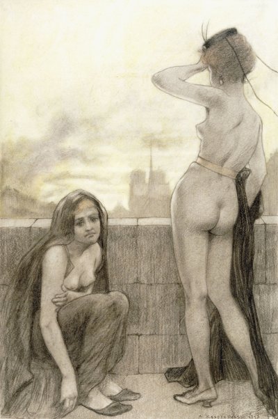 Zwei teilweise bekleidete Frauen an einer Wand in einer Stadt von Armand Rassenfosse