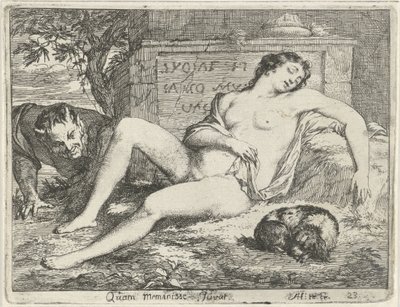 Schlafende Nymphe mit einem Hund, beobachtet von einem Satyr von Arnold Houbraken