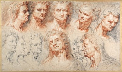 Dreizehn Studien basierend auf einem römischen Kaiserhaupt (Schwarze & rote Kreiden mit brauner Tinte auf weißem Papier) von Arnold or Artus the Elder Quellin I