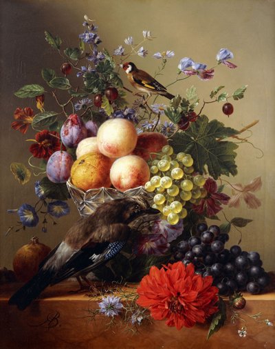 Pfirsiche, Trauben, Pflaumen und Blumen in einer Glasvase mit einem Eichelhäher auf einem Sims von Arnoldus Bloemers