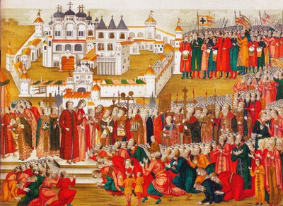 Eine Menschenmenge im Hypatian-Kloster bittet Michail Romanows Mutter, ihn nach Moskau gehen zu lassen und zu werden von Artamon Sergeevich Matveyev