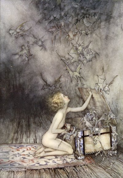 Öffnung der Büchse der Pandora, Szene aus Ein Wunderbuch von Nathaniel Hawthorne (Farblithografie) von Arthur (after) Rackham