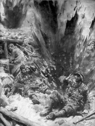 Eine deutsche Granate explodiert in einem britischen Graben, 1914, 1926 von Arthur C. Michael