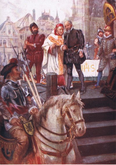 In der Mitte des Platzes war ein Gerüst errichtet worden, Illustration aus Romance of History: The Netherlands, 1920er Jahre von Arthur David McCormick
