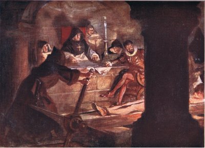 Die Inquisition! Schon der Name war mit Schrecken verbunden, Illustration aus Romance of History: The Netherlands, 1920er Jahre von Arthur David McCormick