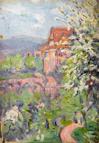 Haus mit Frühlingsblütenbaum im Vordergrund von Arthur Haythorne Studd