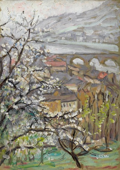 Blick über einen Obstgarten über eine Brücke und eine Mündung von Arthur Haythorne Studd