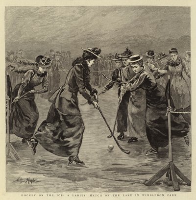 Hockey auf dem Eis, ein Damenmatch auf dem See im Wimbledon Park von Arthur Hopkins