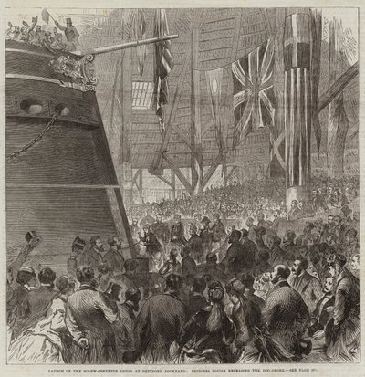 Stapellauf der Schraubenkorvette Druid in der Werft von Deptford, Prinzessin Louise löst den Dog-Shore von Arthur Hopkins