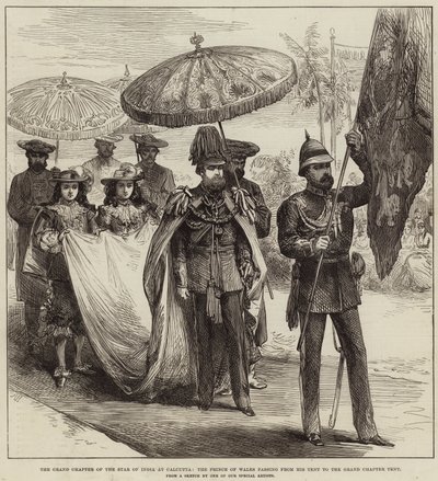 Das Große Kapitel des Sterns von Indien in Kalkutta, der Prinz von Wales auf dem Weg von seinem Zelt zum Großen Kapitelzelt von Arthur Hopkins