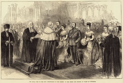 Der königliche Besuch in der Stadt, Übergabe der Adresse an den Prinzen und die Prinzessin von Wales im Guildhall von Arthur Hopkins