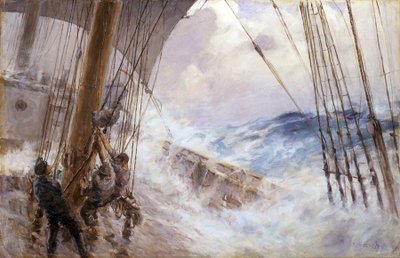 Manöver zum Herablassen des Segels vom Hauptmast im Sturm von Arthur John Briscoe