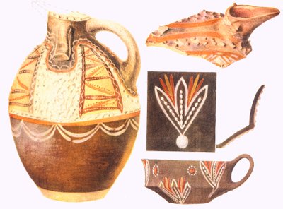 Tassenreproduktionen und bunte Fragmente aus Knossos von Arthur John Evans